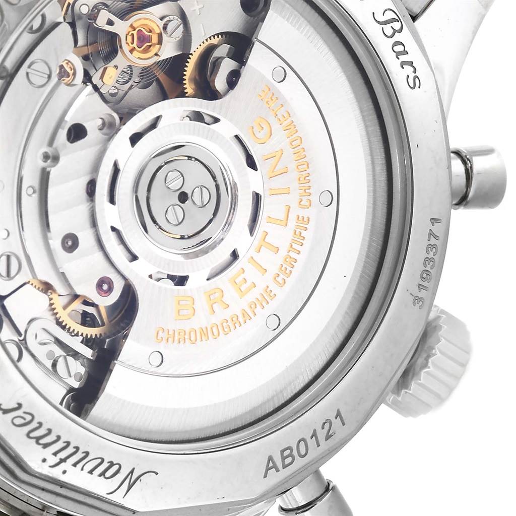 The image shows the back case of a Breitling Navitimer AB0121 Men's Stainless Steel Blue Dial AB0121 Men's Stainless Steel Blue Dial watch, highlighting its internal mechanism.