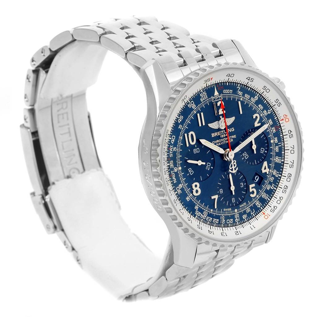 The image shows a side-angle view of a Breitling Navitimer AB0121 Men's Stainless Steel Blue Dial AB0121 Men's Stainless Steel Blue Dial watch, highlighting its blue dial, bezel, and metal bracelet.