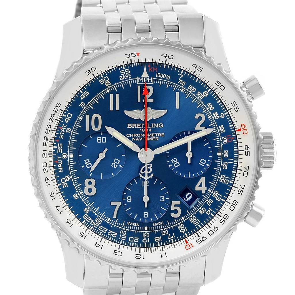 The image shows a front view of a Breitling Navitimer AB0121 Men's Stainless Steel Blue Dial AB0121 Men's Stainless Steel Blue Dial watch, displaying the dial, chronograph subdials, and a metal bracelet.