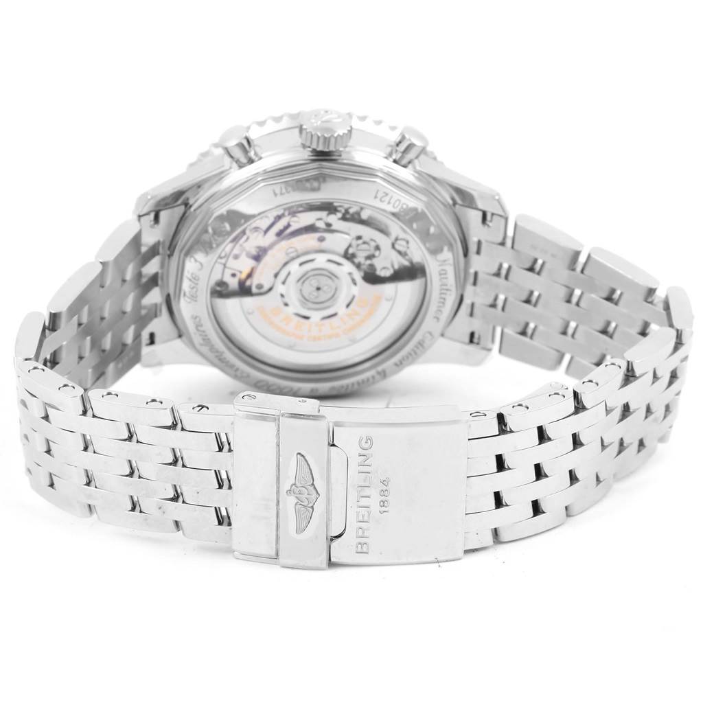 The image shows the backside of the Breitling Navitimer AB0121 Men's Stainless Steel Blue Dial AB0121 Men's Stainless Steel Blue Dial watch, displaying its open caseback and metal bracelet.