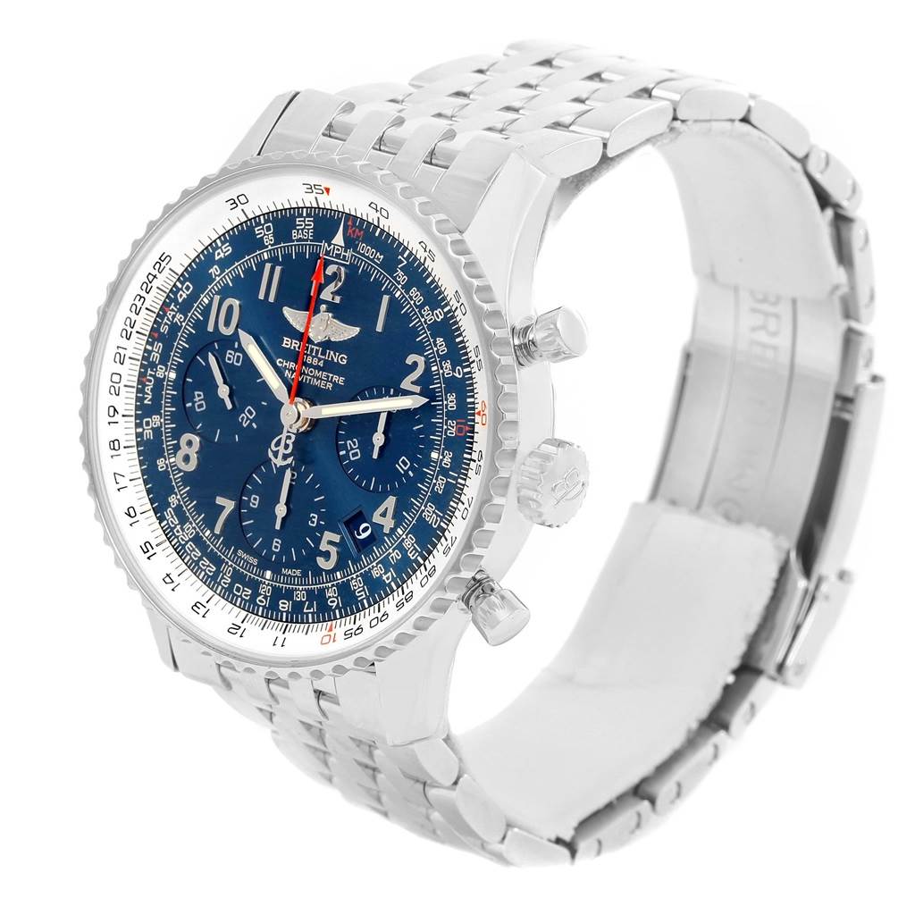 The image shows the Breitling Navitimer AB0121 Men's Stainless Steel Blue Dial AB0121 Men's Stainless Steel Blue Dial watch at an angled view, highlighting its face, bezel, pushers, crown, and metal bracelet.