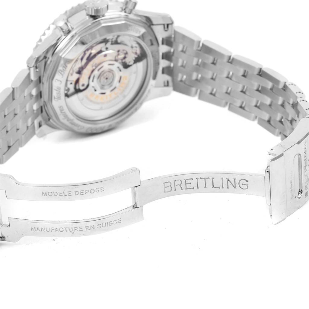 The image shows the back case and bracelet of a Breitling Navitimer AB0121 Men's Stainless Steel Blue Dial AB0121 Men's Stainless Steel Blue Dial watch, highlighting the deployment clasp with the Breitling logo.