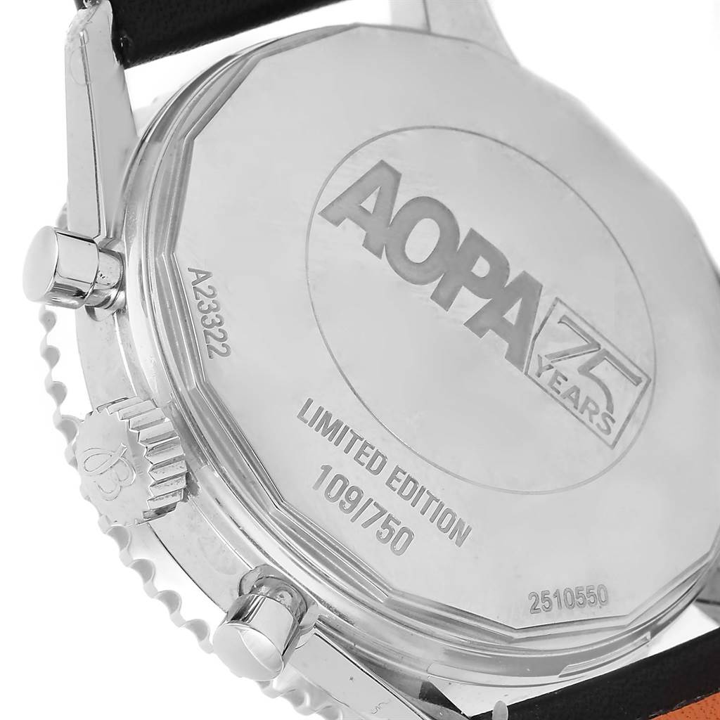 The image shows the back case of the Breitling Navitimer A23322 Men's Stainless Steel Black Dial A23322 Men's Stainless Steel Black Dial watch, highlighting the limited edition engraving and model details.