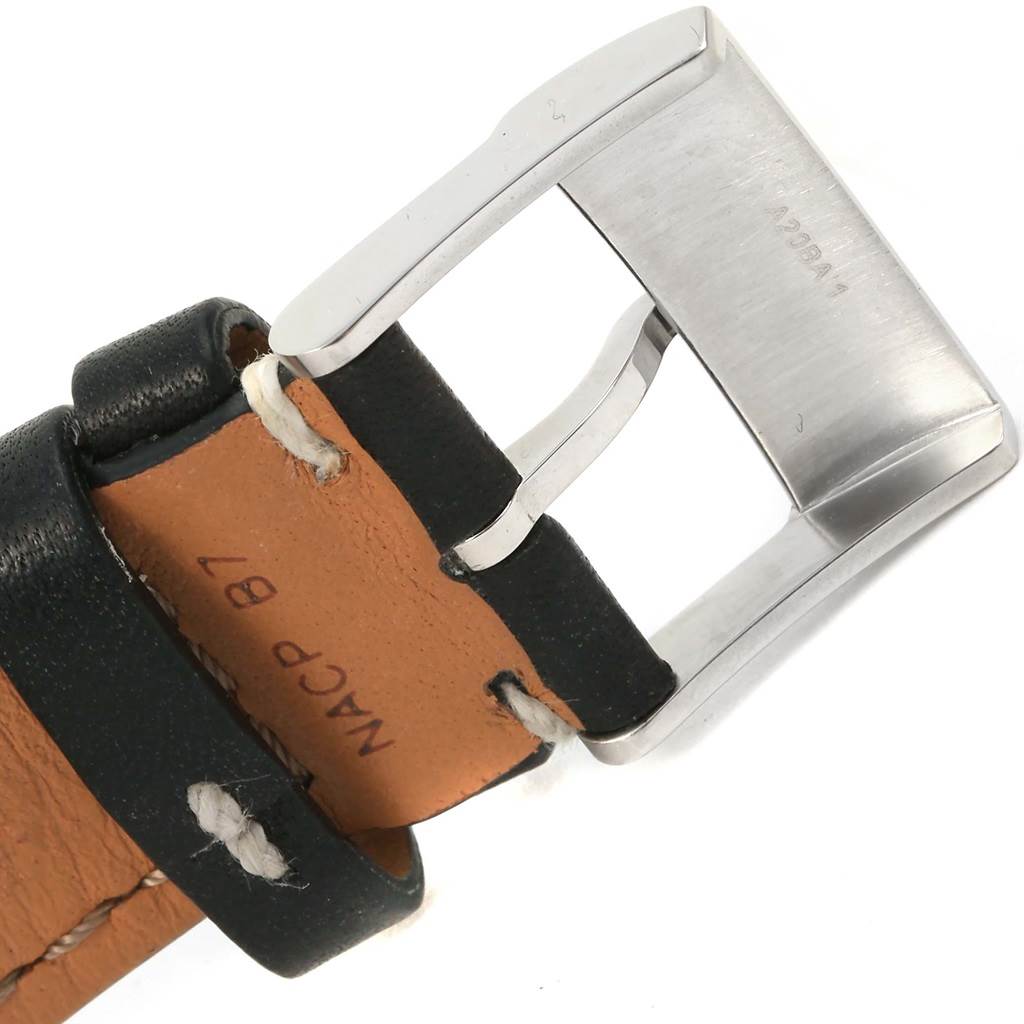 The image shows a close-up of the buckle on the leather strap of a Breitling Navitimer A23322 Men's Stainless Steel Black Dial A23322 Men's Stainless Steel Black Dial watch.