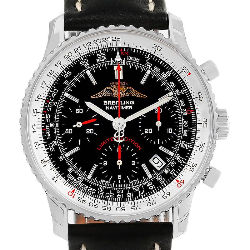 The image shows a front view of the Breitling Navitimer watch, highlighting the dial, bezel, and strap.