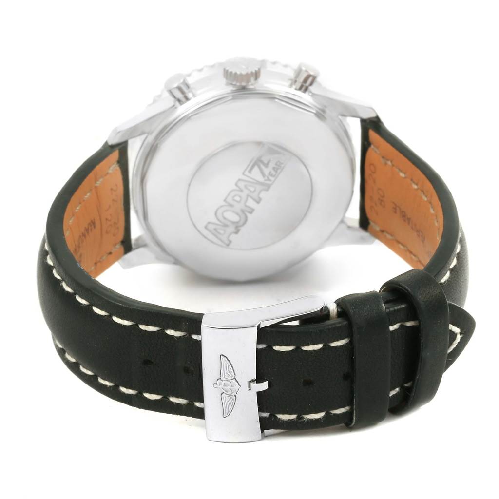 The image shows the back view of a Breitling Navitimer A23322 Men's Stainless Steel Black Dial A23322 Men's Stainless Steel Black Dial watch, highlighting the leather strap and clasp.