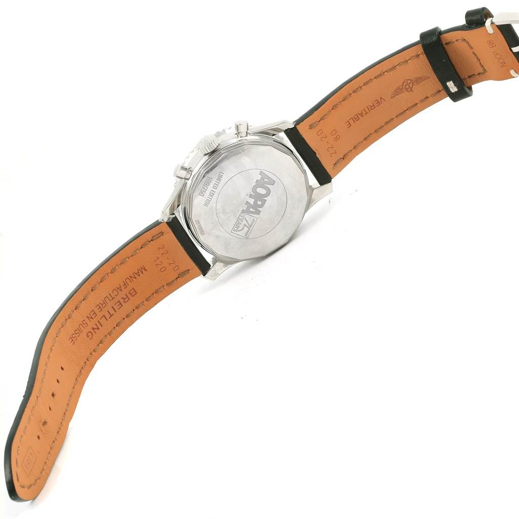 The image shows the back case and leather strap of a Breitling Navitimer A23322 Men's Stainless Steel Black Dial A23322 Men's Stainless Steel Black Dial watch, viewed from an overhead angle.