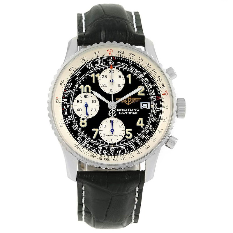 Breitling Navitimer II Black Dial Leather Strap Steel Mens Watch A13022 SwissWatchExpo
