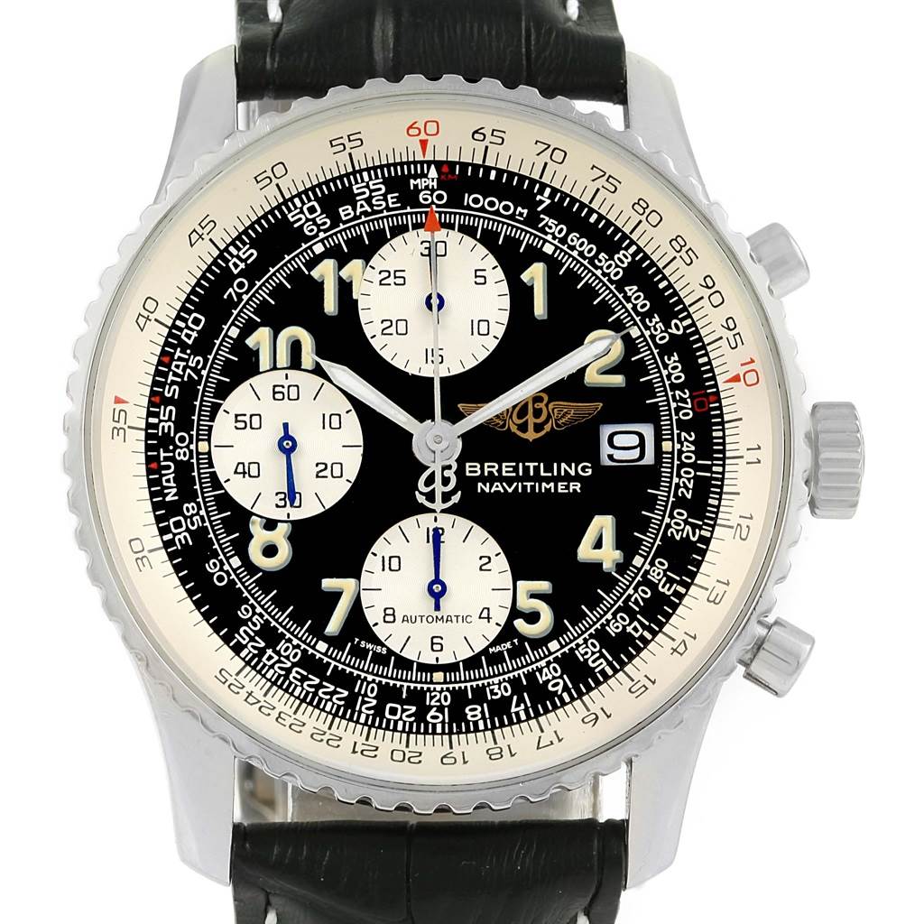 The Breitling Navitimer A13022 Men's Stainless Steel Black Dial A13022 Men's Stainless Steel Black Dial watch is shown from a front angle, highlighting its dial, bezel, chronograph sub-dials, and black leather strap.