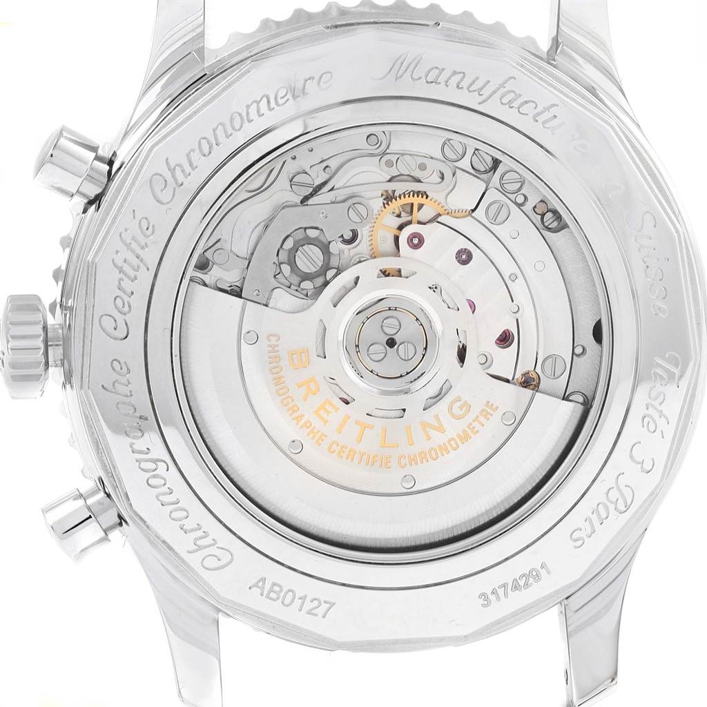 This is the back view of a Breitling Navitimer AB0127 Men's Stainless Steel Black Dial AB0127 Men's Stainless Steel Black Dial, showing its inner mechanical parts through a transparent case back.