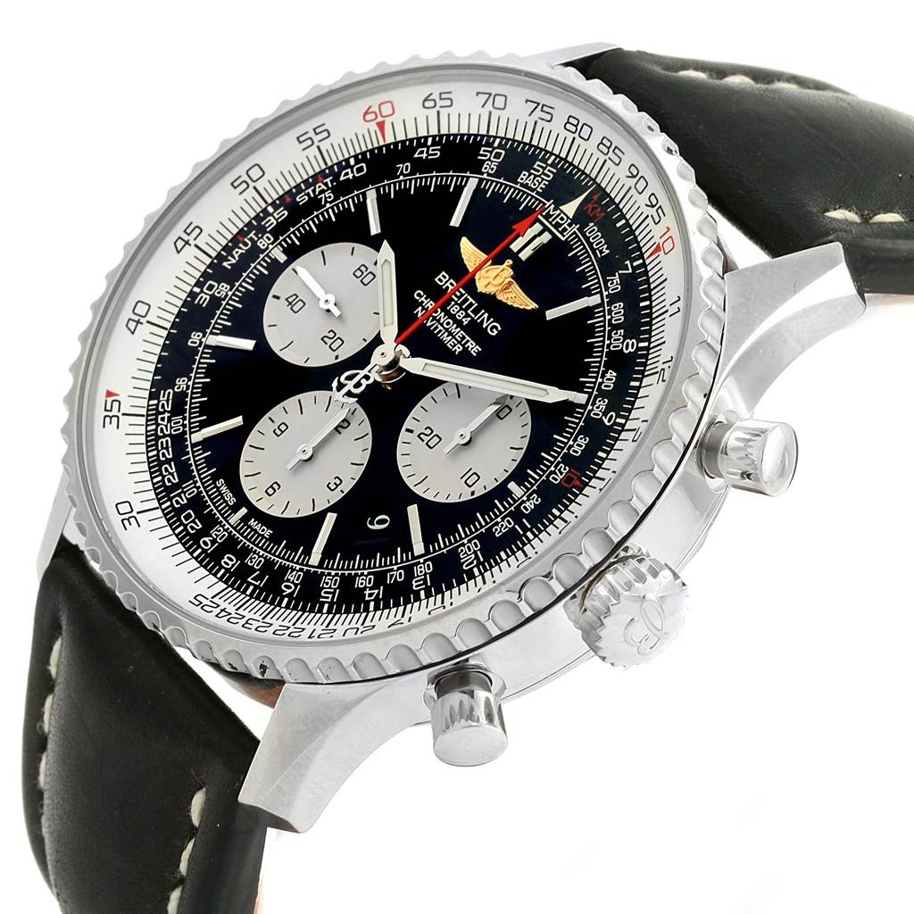 The image shows a close-up angle of a Breitling Navitimer AB0127 Men's Stainless Steel Black Dial AB0127 Men's Stainless Steel Black Dial watch, highlighting its dial, bezel, and crown with a leather strap.