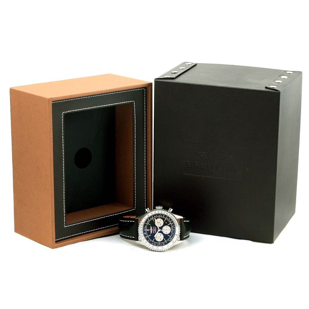 The image shows a Breitling Navitimer AB0127 Men's Stainless Steel Black Dial AB0127 Men's Stainless Steel Black Dial watch along with its opened brown and black packaging, viewed from the front.