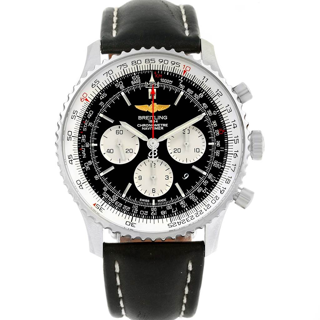 The image shows a front view of a Breitling Navitimer AB0127 Men's Stainless Steel Black Dial AB0127 Men's Stainless Steel Black Dial watch, highlighting its face, sub-dials, bezel, and leather strap.