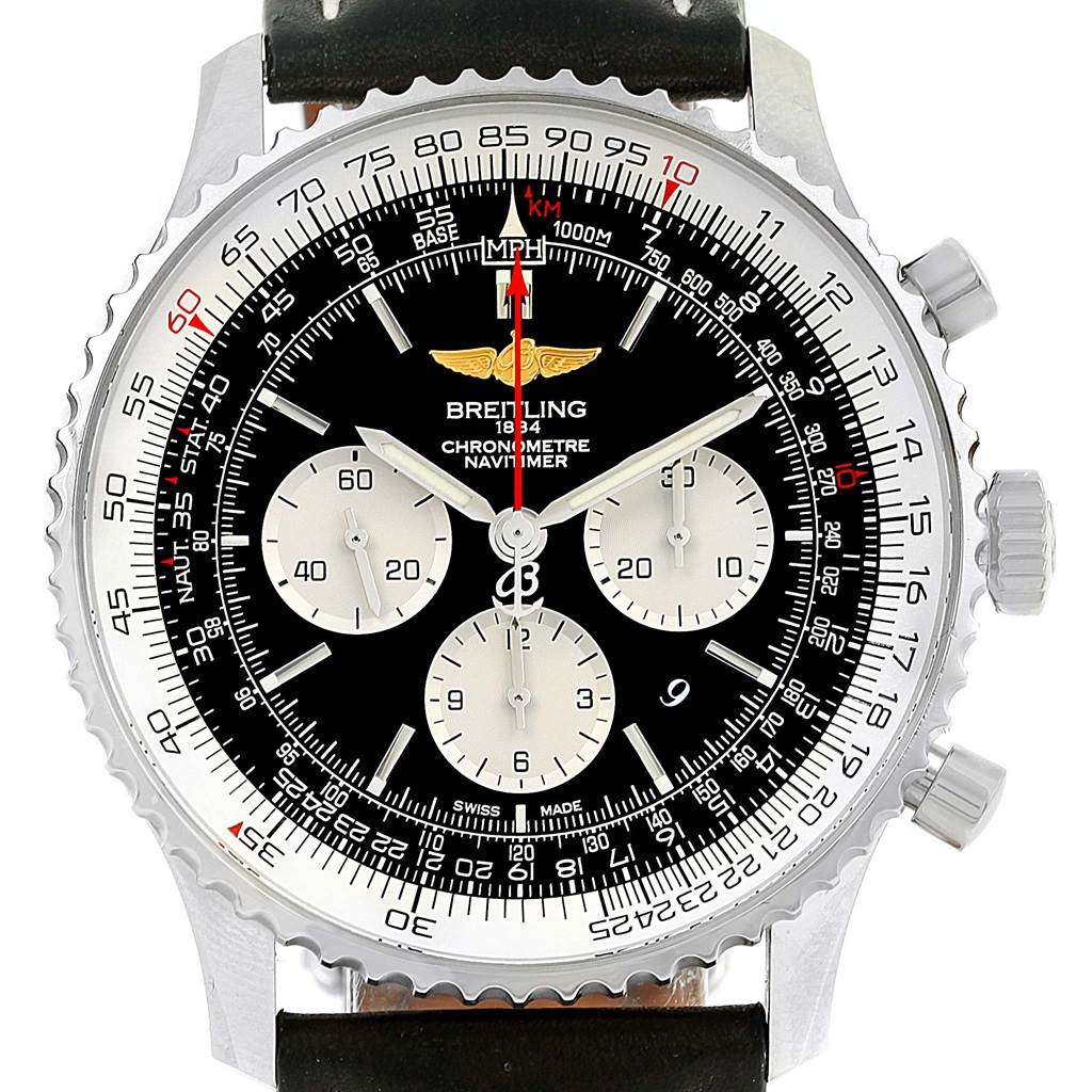 The image shows a front view of a Breitling Navitimer AB0127 Men's Stainless Steel Black Dial AB0127 Men's Stainless Steel Black Dial watch, highlighting its bezel, chronograph subdials, and black leather strap.