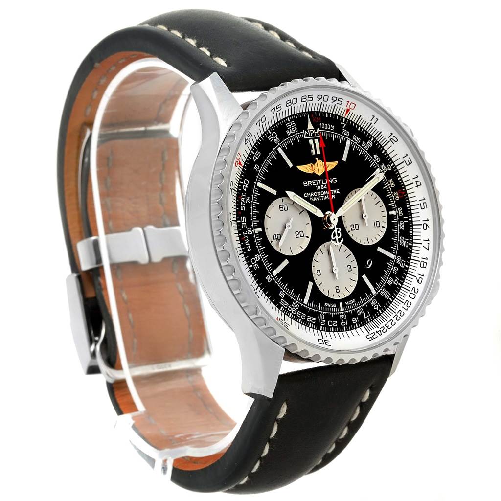 The image shows a Breitling Navitimer AB0127 Men's Stainless Steel Black Dial AB0127 Men's Stainless Steel Black Dial watch at a three-quarter side angle, showcasing its face, bezel, and leather strap.