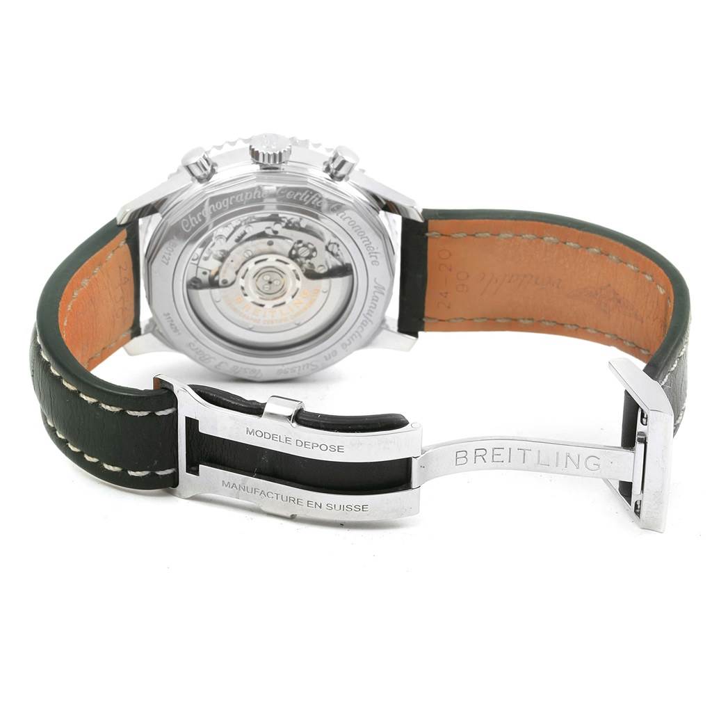 The image shows the back view of a Breitling Navitimer AB0127 Men's Stainless Steel Black Dial AB0127 Men's Stainless Steel Black Dial watch, highlighting its case back and deployment clasp.