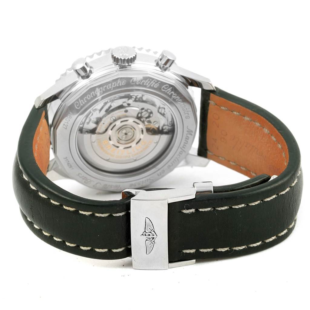 The image shows the back of the Breitling Navitimer AB0127 Men's Stainless Steel Black Dial AB0127 Men's Stainless Steel Black Dial watch, displaying its open case back and leather strap with a clasp.