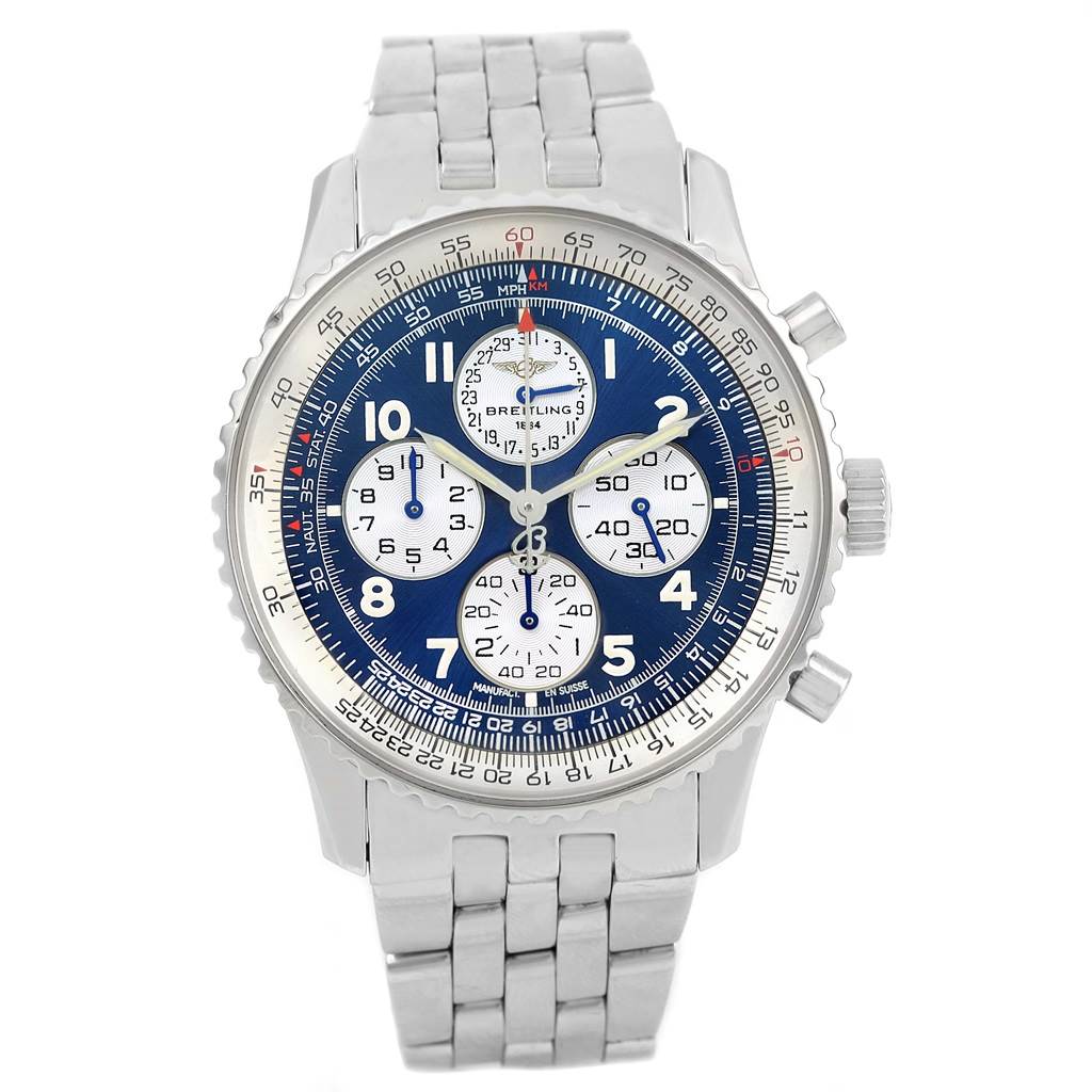This image shows a front view of a Breitling Navitimer A33030 Men's Stainless Steel Blue Dial A33030 Men's Stainless Steel Blue Dial watch, highlighting its dial, three sub-dials, bezel, and metal bracelet.