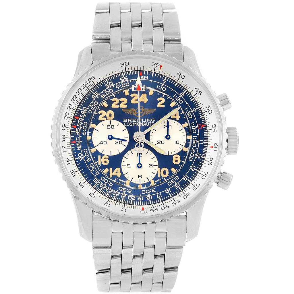 The image shows a front view of a Breitling Navitimer A12022 Men's Stainless Steel Blue Dial A12022 Men's Stainless Steel Blue Dial watch, displaying its face, bezel, and stainless steel bracelet.