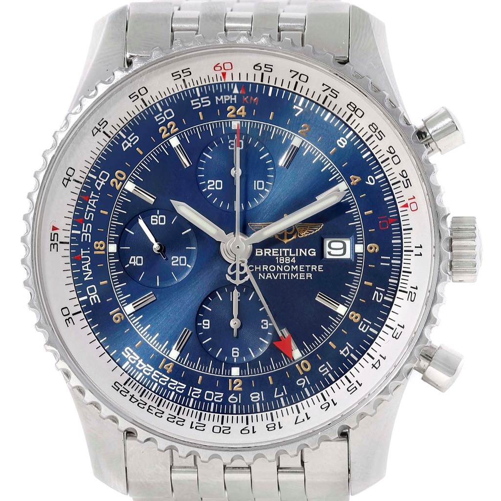 The image shows a front view of the dial and bezel of a Breitling Navitimer A24322 Men's Stainless Steel Blue Dial A24322 Men's Stainless Steel Blue Dial watch, including its chronograph subdials and date display.