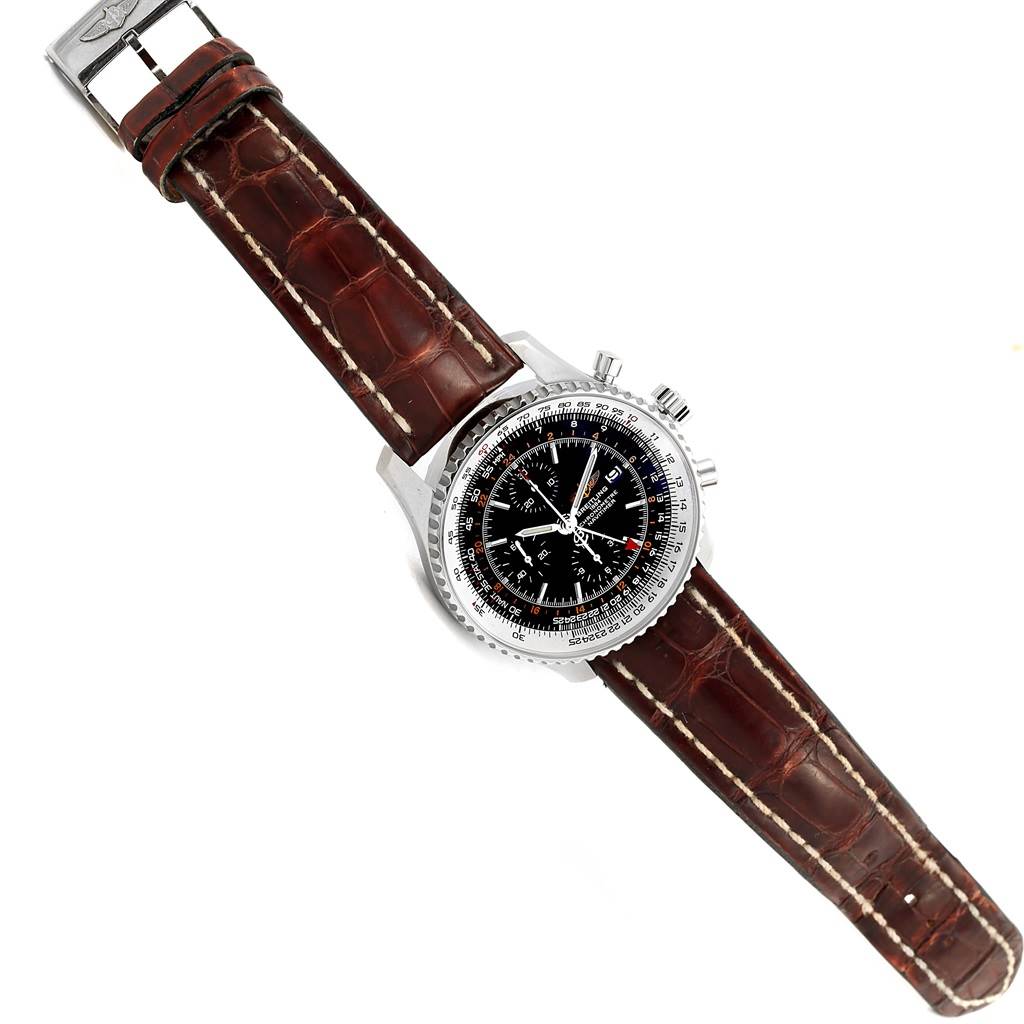 The image shows a Breitling Navitimer A24322 Men
s Stainless Steel Black Dial A24322 Men
s Stainless Steel Black Dial watch from a top-down angle, highlighting its dial, bezel, and leather strap.