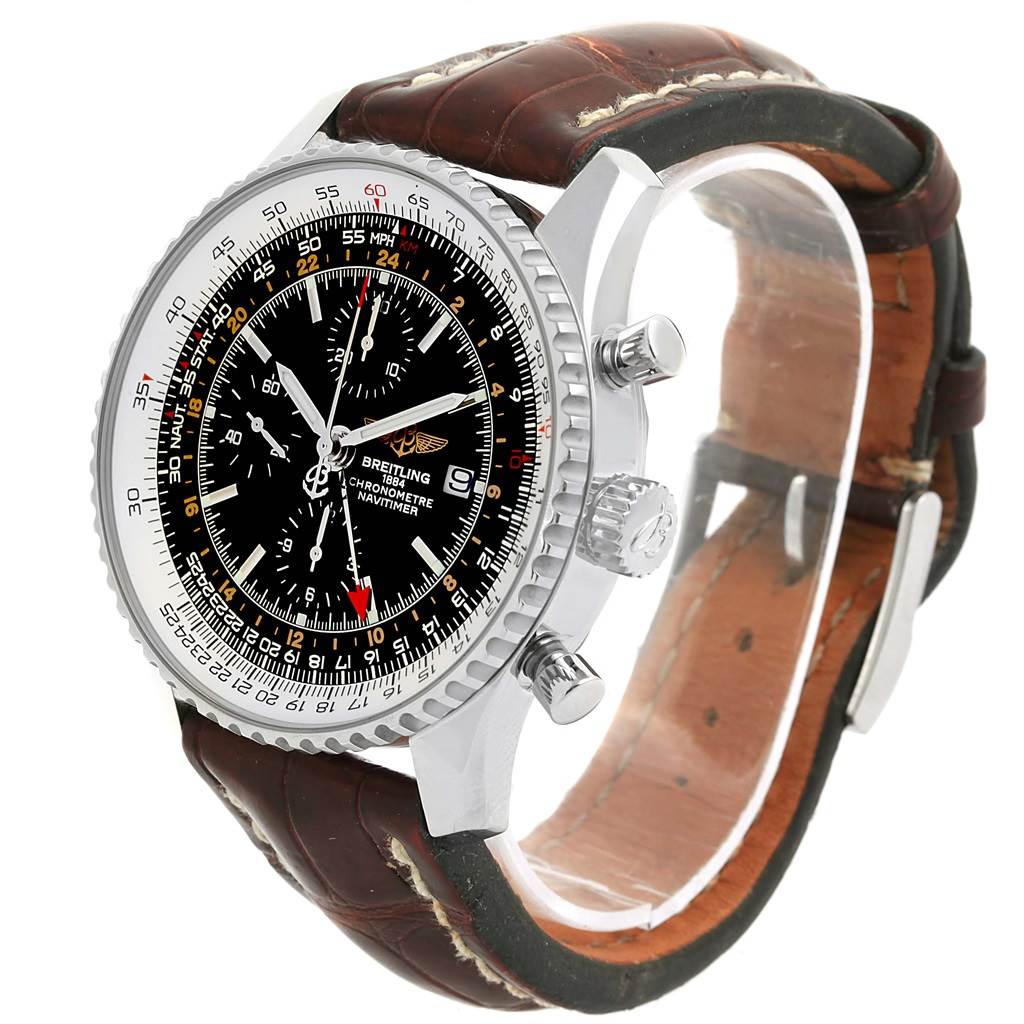 The Breitling Navitimer A24322 Men
s Stainless Steel Black Dial A24322 Men
s Stainless Steel Black Dial watch is shown at a 3/4 angle, highlighting its black dial, bezel, crown, pushers, and brown leather strap.