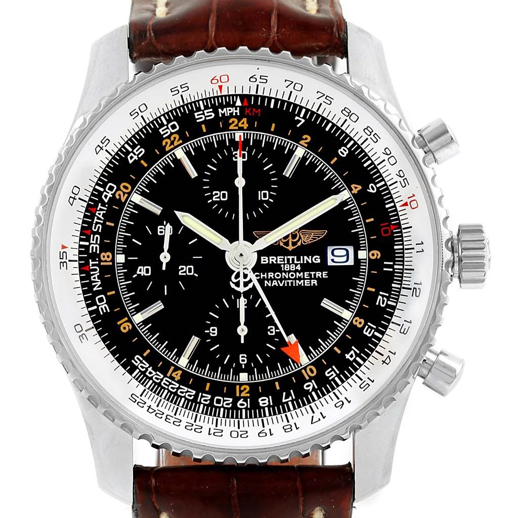 The image shows a front view of a Breitling Navitimer A24322 Men
s Stainless Steel Black Dial A24322 Men
s Stainless Steel Black Dial watch with a black dial and brown leather strap.
