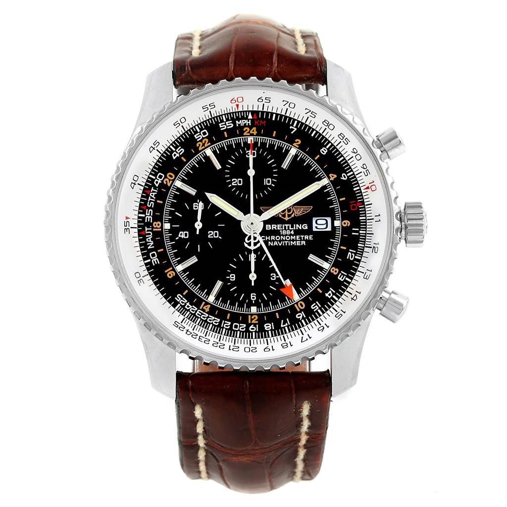 The image shows a front view of the Breitling Navitimer A24322 Men
s Stainless Steel Black Dial A24322 Men
s Stainless Steel Black Dial watch with a brown leather strap and detailed chronograph dials.