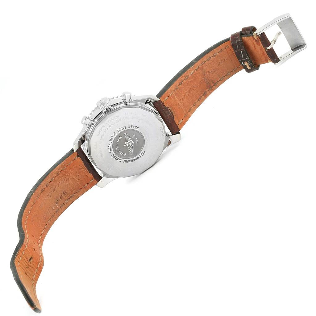 The image shows the back and strap of a Breitling Navitimer A24322 Men
s Stainless Steel Black Dial A24322 Men
s Stainless Steel Black Dial watch at an angled view.