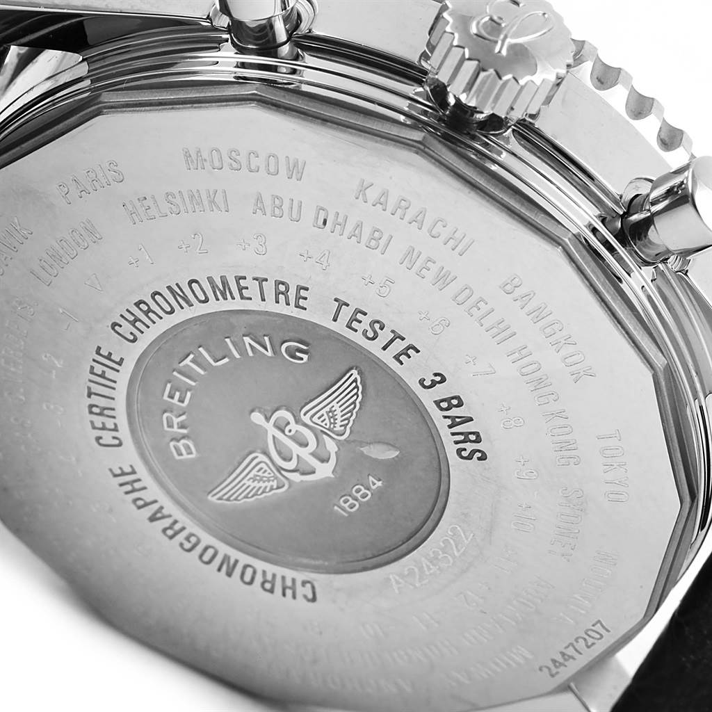 The image shows the back case of a Breitling Navitimer A24322 Men
s Stainless Steel Black Dial A24322 Men
s Stainless Steel Black Dial watch, featuring engraved details and a central Breitling logo.