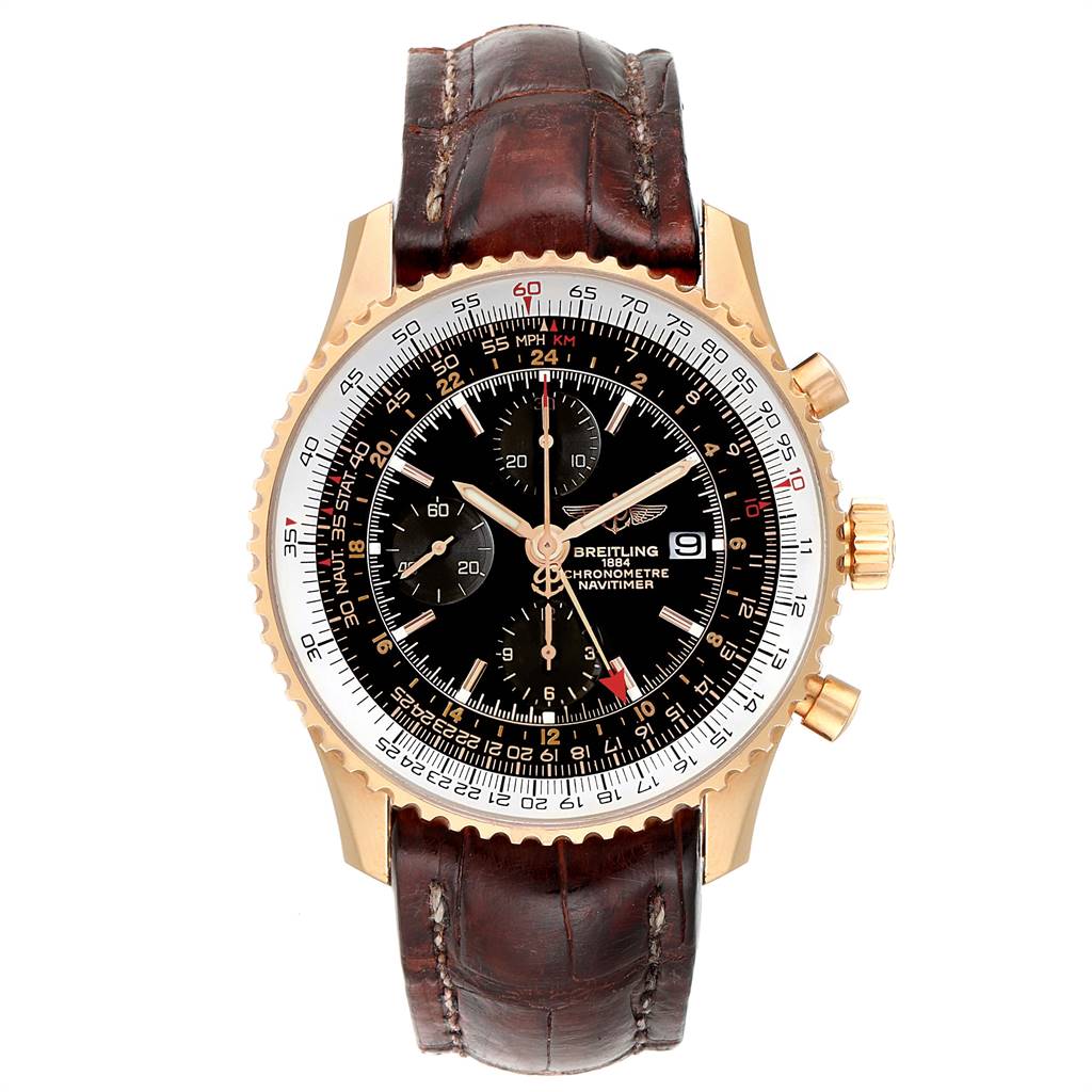 The image shows a front view of a Breitling Navitimer H24322 Men's Rose Gold Black Dial H24322 Men's Rose Gold Black Dial watch with a brown leather strap and a detailed chronograph dial.
