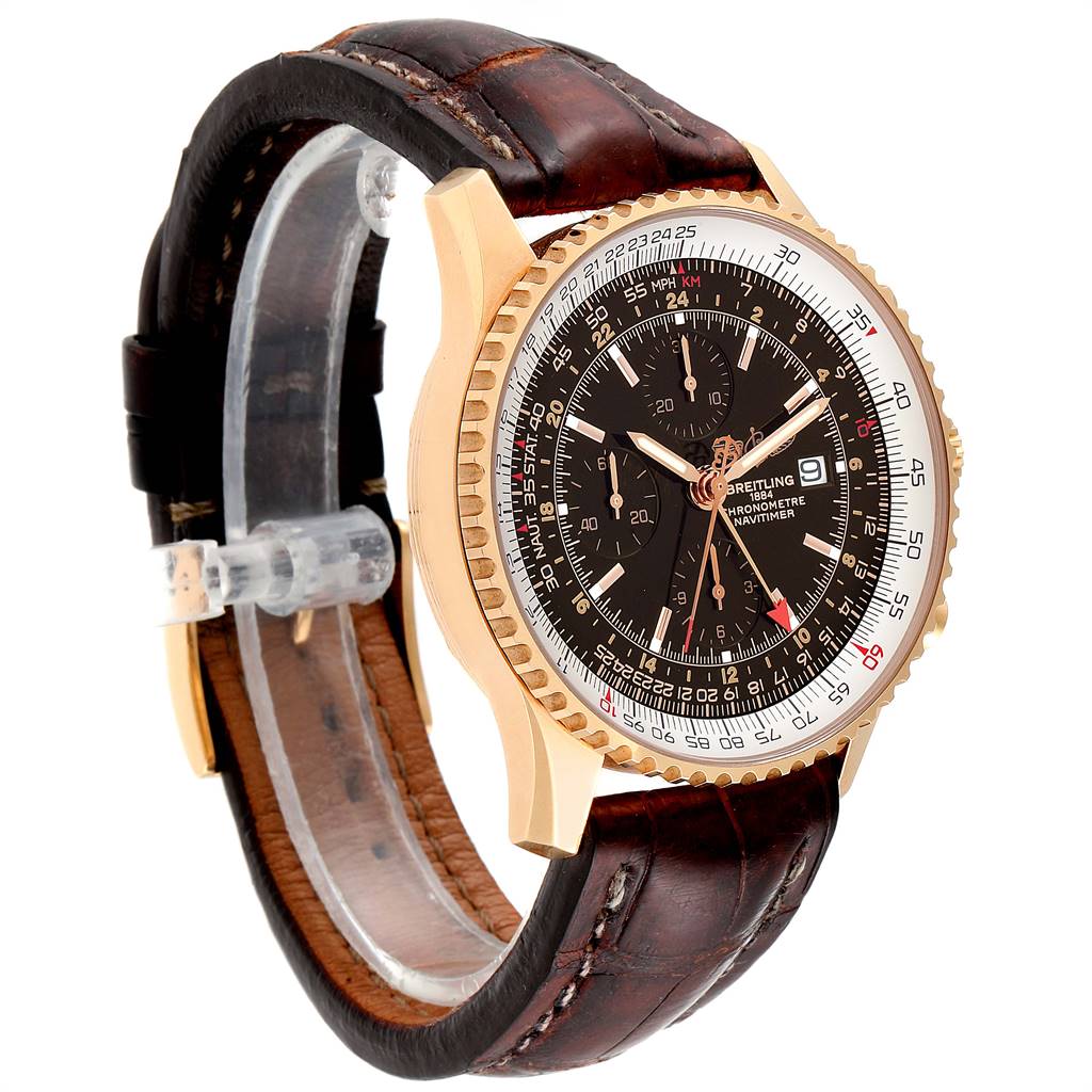 The image shows a side-angle view of a Breitling Navitimer H24322 Men's Rose Gold Black Dial H24322 Men's Rose Gold Black Dial watch, highlighting its bezel, dial, and leather strap.