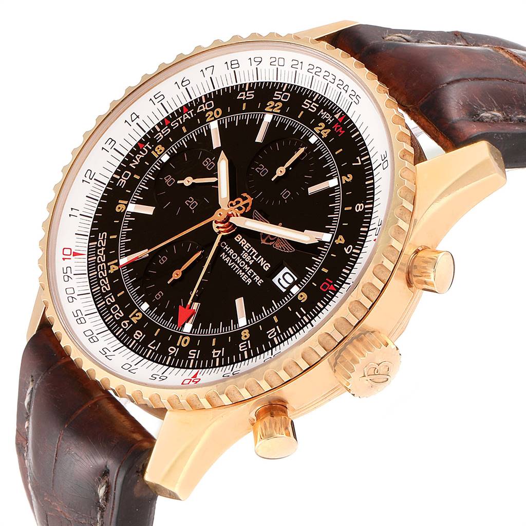This image shows a close-up side angle of the Breitling Navitimer H24322 Men's Rose Gold Black Dial H24322 Men's Rose Gold Black Dial watch, highlighting the dial, bezel, crown, and leather strap.