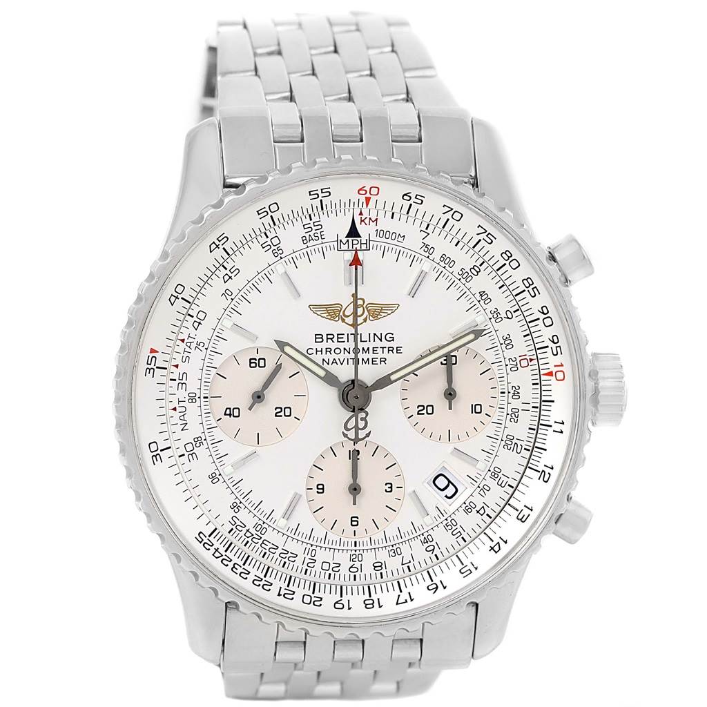 The image shows a front view of a Breitling Navitimer A23322 Men's Stainless Steel Silver Dial A23322 Men's Stainless Steel Silver Dial watch displaying the dial, bezel, and bracelet.