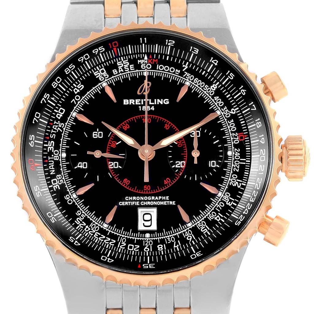 The image shows a front view of the Breitling Navitimer C23340 Men
s Steel and Gold (two tone) Black Dial C23340 Men
s Steel and Gold (two tone) Black Dial watch, highlighting its face, bezel, chronograph dials, and date display.