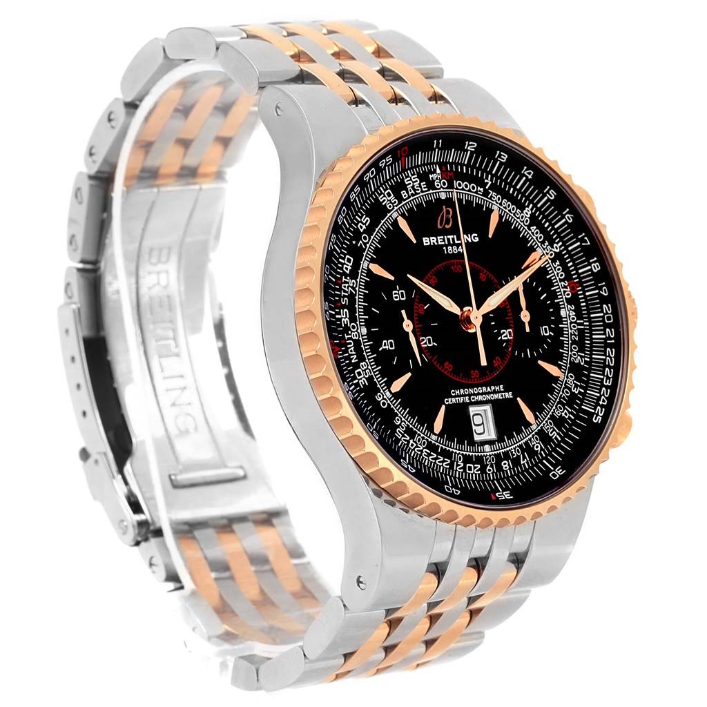 This image shows a side-angle view of a Breitling Navitimer C23340 Men
s Steel and Gold (two tone) Black Dial C23340 Men
s Steel and Gold (two tone) Black Dial watch, displaying its face, case, and metal link bracelet.