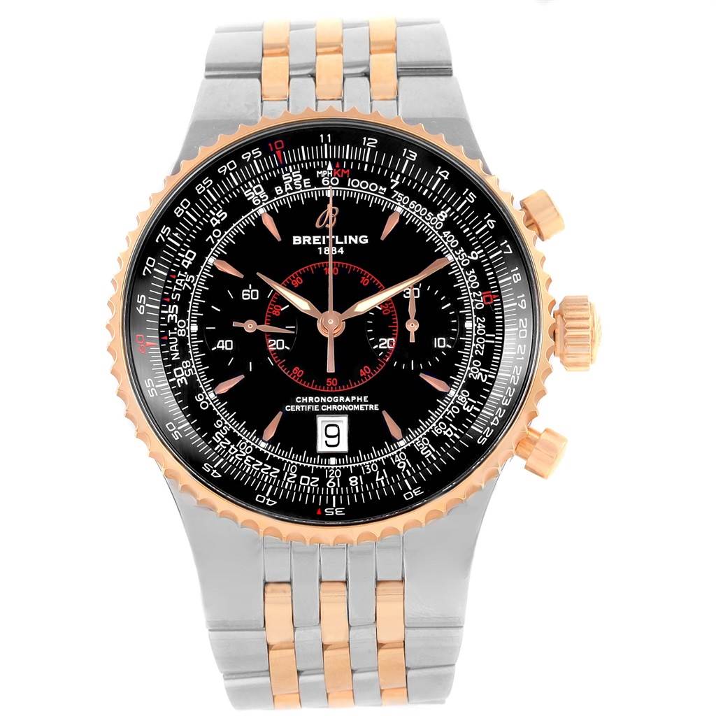 The image shows a front view of a Breitling Navitimer C23340 Men
s Steel and Gold (two tone) Black Dial C23340 Men
s Steel and Gold (two tone) Black Dial watch, displaying its dial, bezel, and two-tone metal bracelet.