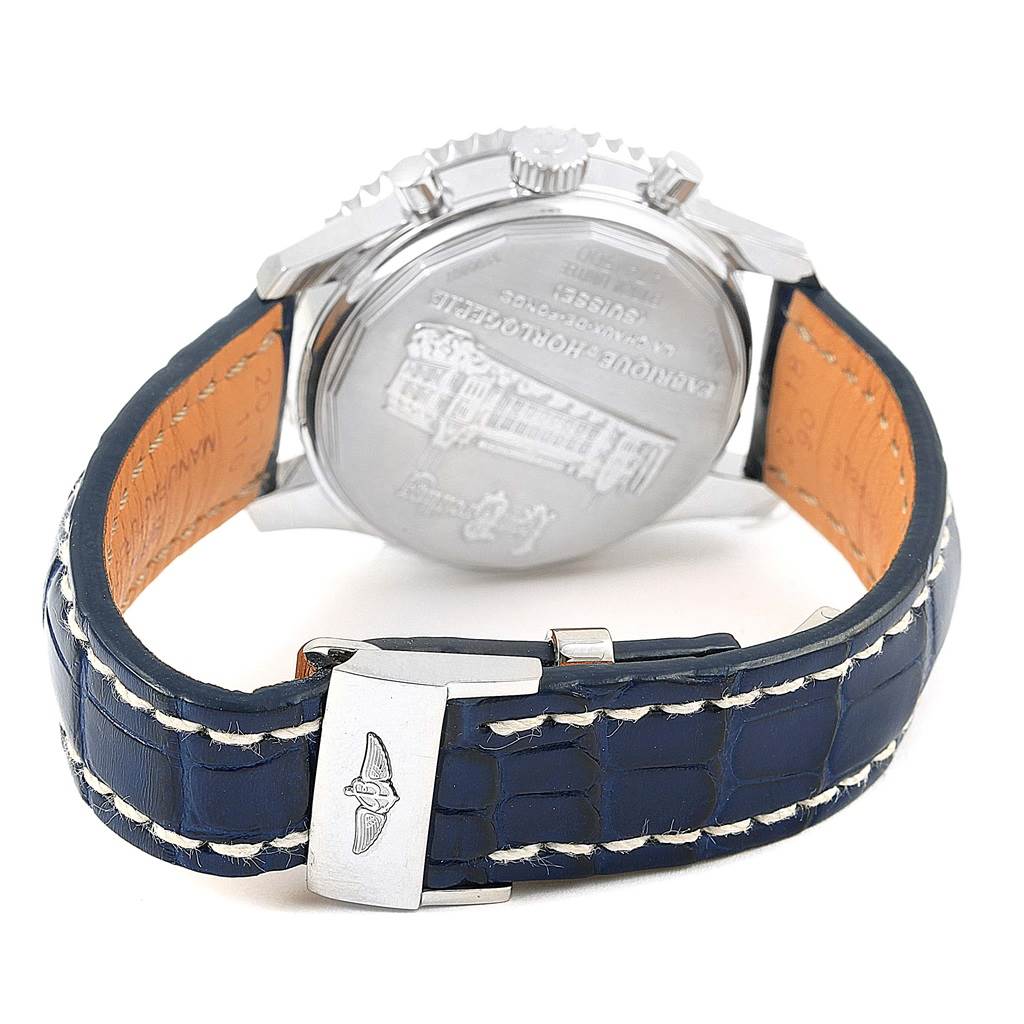 The image shows the back view of a Breitling Navitimer AB0130 Men's Stainless Steel Blue Dial AB0130 Men's Stainless Steel Blue Dial watch, highlighting the case back, crown, pushers, and leather strap with a buckle.