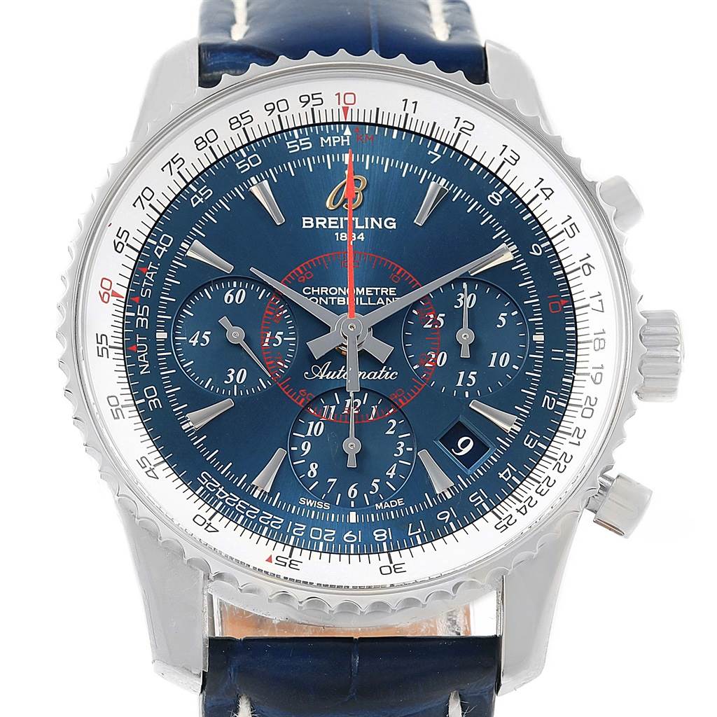 The image shows a front view of the Breitling Navitimer AB0130 Men's Stainless Steel Blue Dial AB0130 Men's Stainless Steel Blue Dial watch, highlighting its blue dial, sub-dials, and bezel with a leather strap.