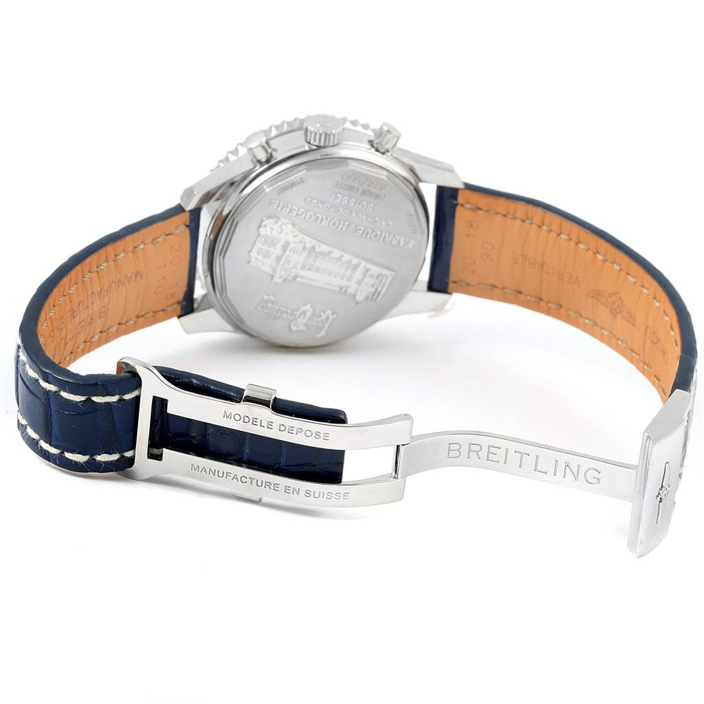 The image shows the back case and clasp of a Breitling Navitimer AB0130 Men's Stainless Steel Blue Dial AB0130 Men's Stainless Steel Blue Dial watch, highlighting the strap and engraved branding.