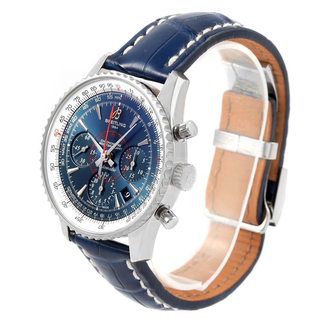The image shows a Breitling Navitimer AB0130 Men's Stainless Steel Blue Dial AB0130 Men's Stainless Steel Blue Dial watch at a three-quarter angle, highlighting its dial, bezel, pushers, and leather strap.