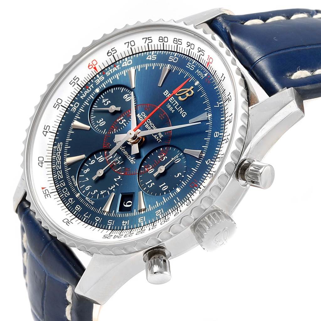 The image shows the face and side view of the Breitling Navitimer AB0130 Men's Stainless Steel Blue Dial AB0130 Men's Stainless Steel Blue Dial watch, highlighting the dial, bezel, crown, and pushers.
