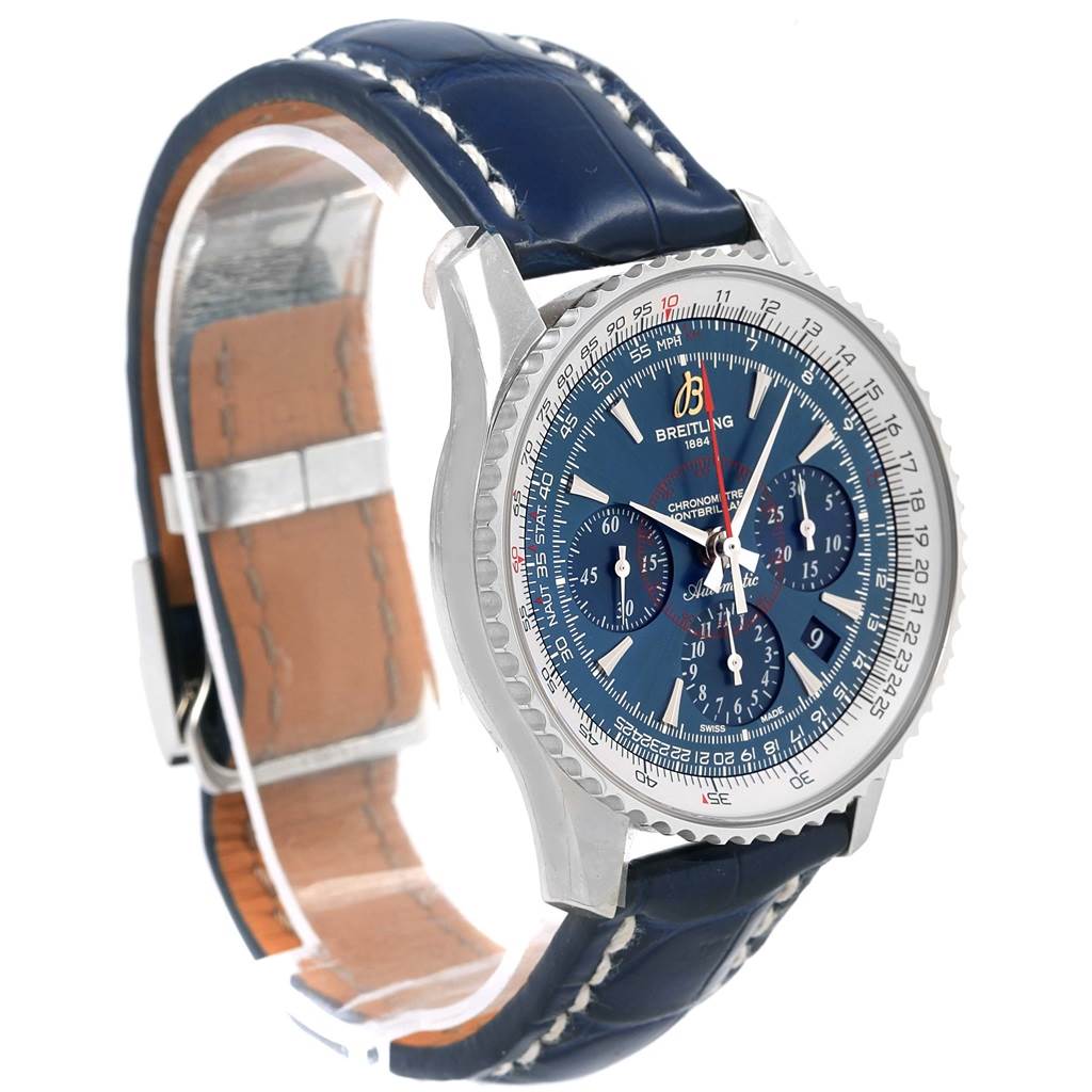 The image shows a side angle of the Breitling Navitimer AB0130 Men's Stainless Steel Blue Dial AB0130 Men's Stainless Steel Blue Dial watch displaying its face, bezel, and leather strap.