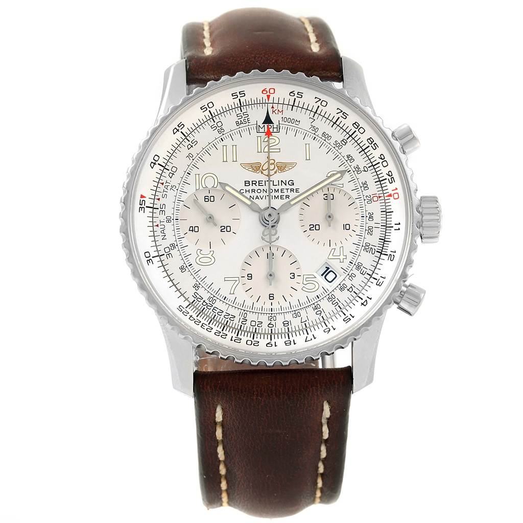 The Breitling Navitimer A23322 Men's Stainless Steel Silver Dial A23322 Men's Stainless Steel Silver Dial watch is shown from the front, highlighting the dial, bezel, subdials, and leather strap.