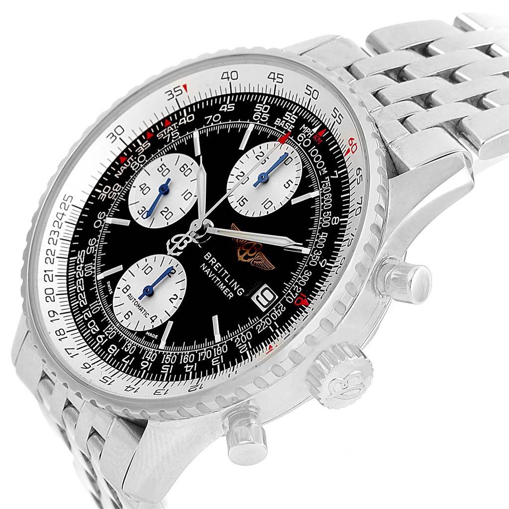 The image shows a Breitling Navitimer A13322 Men's Stainless Steel Black Dial A13322 Men's Stainless Steel Black Dial watch from a three-quarter angle, highlighting the dial, bezel, pushers, crown, and bracelet.