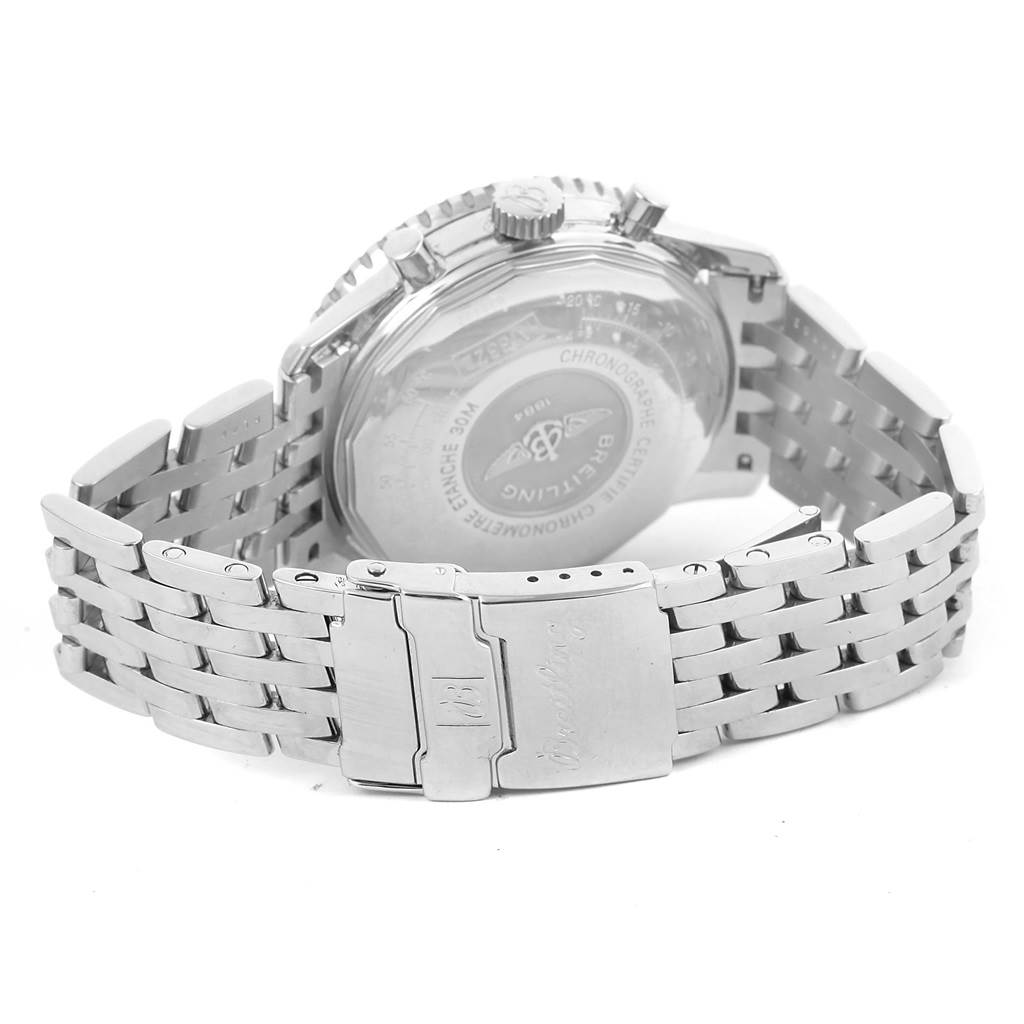 The image shows the back and partial bracelet of a Breitling Navitimer A13322 Men's Stainless Steel Black Dial A13322 Men's Stainless Steel Black Dial watch at an angled rear view.