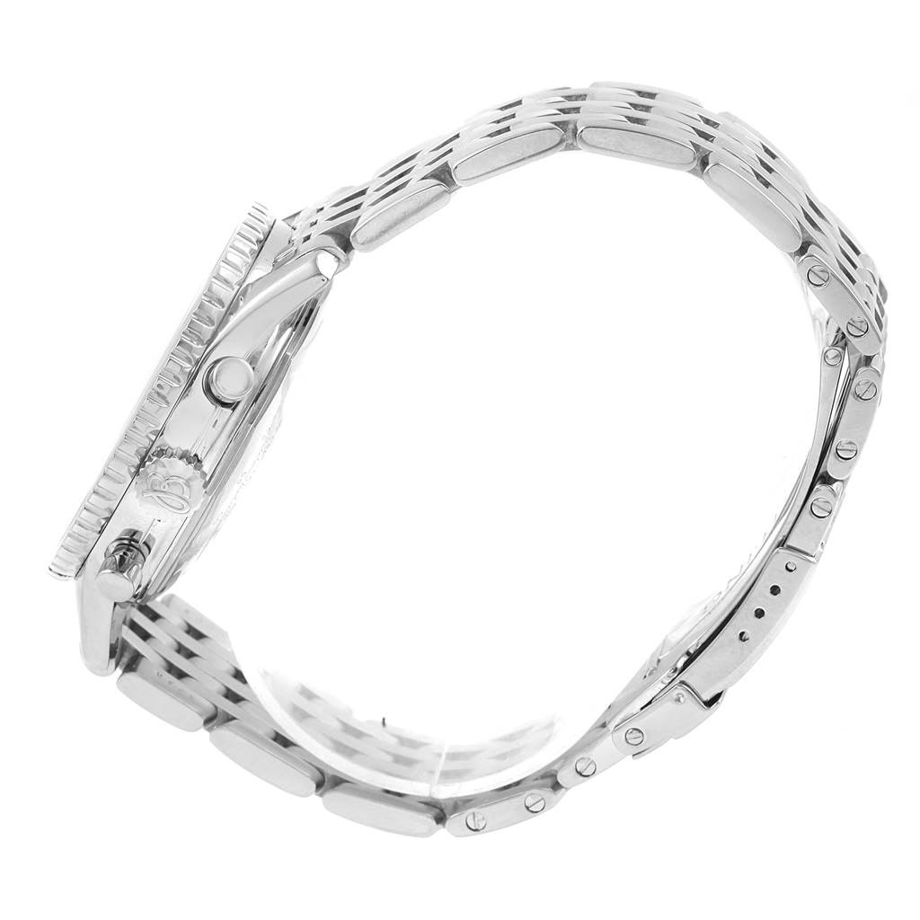 This image shows the side view of a Breitling Navitimer A13322 Men's Stainless Steel Black Dial A13322 Men's Stainless Steel Black Dial watch, focusing on the case, bezel, and metal bracelet.