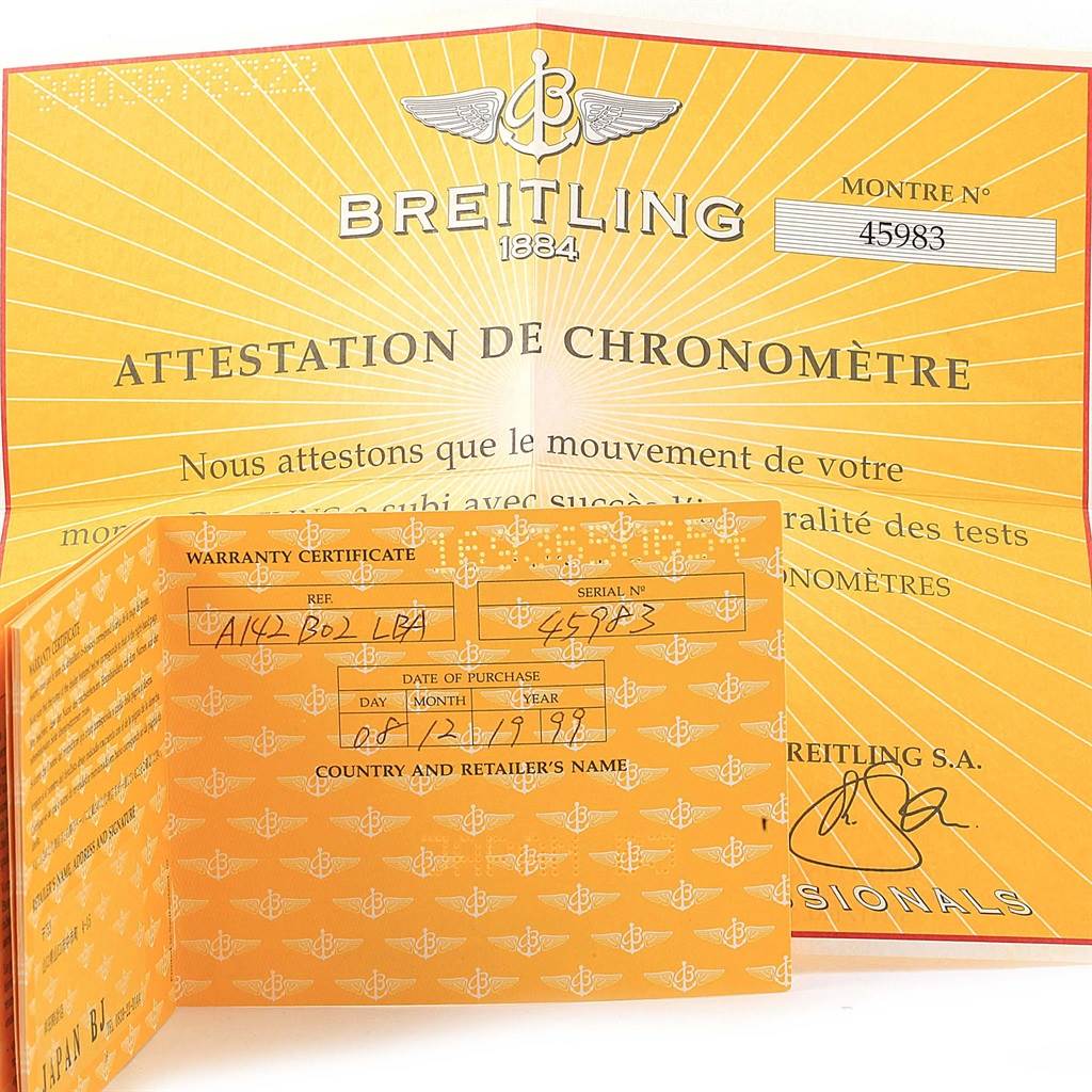 The image shows the warranty certificate and certificate of authenticity for the Breitling Navitimer A13322 Men's Stainless Steel Black Dial A13322 Men's Stainless Steel Black Dial watch.