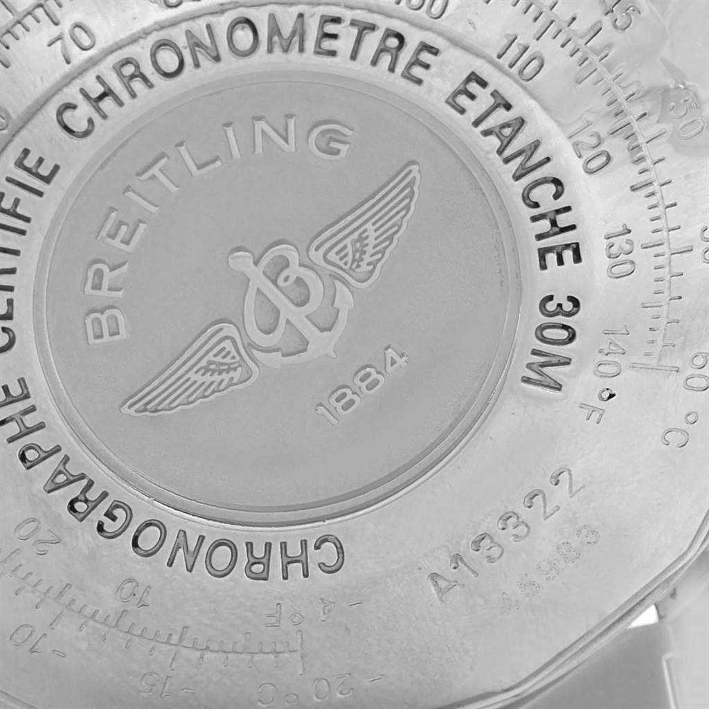 This image shows the back case of a Breitling Navitimer A13322 Men's Stainless Steel Black Dial A13322 Men's Stainless Steel Black Dial watch, including brand markings and water resistance details.