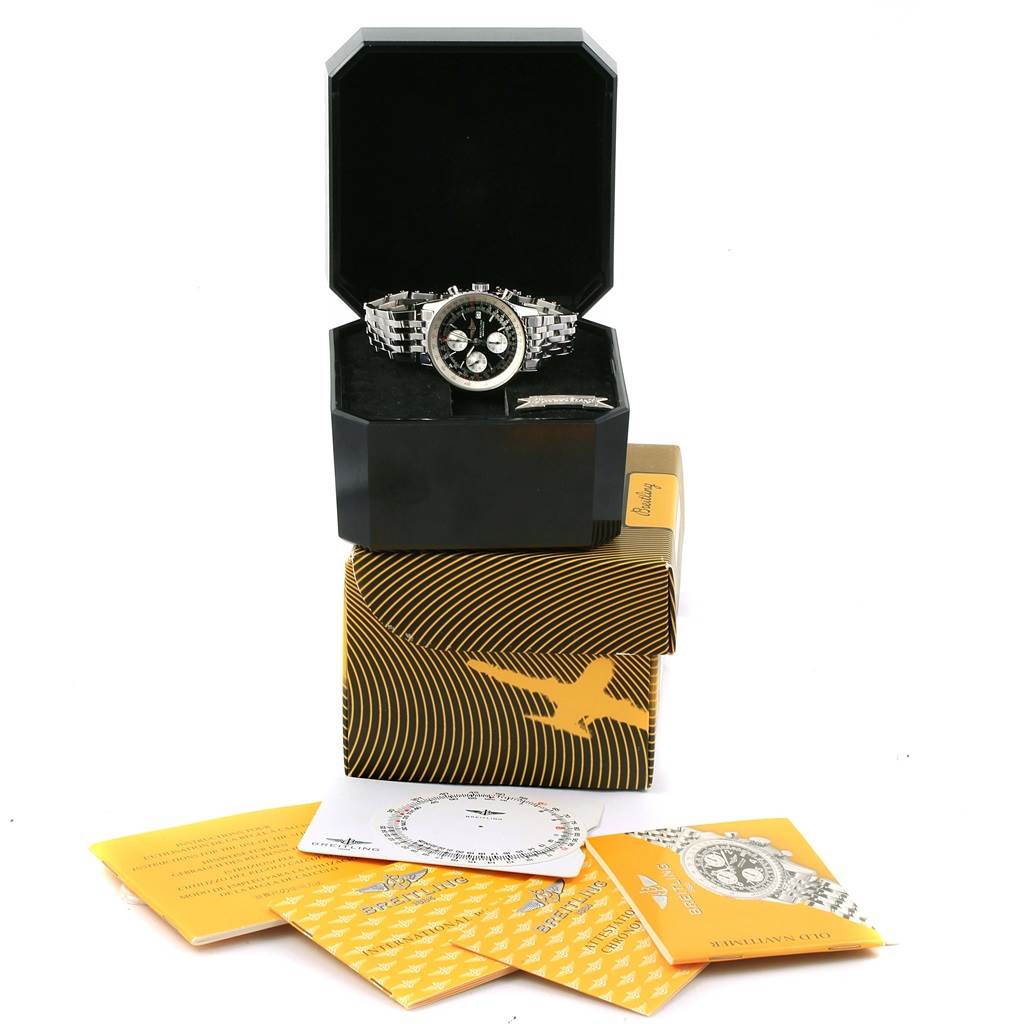 The image shows a Breitling Navitimer A13322 Men's Stainless Steel Black Dial A13322 Men's Stainless Steel Black Dial watch in its box, with additional packaging and manuals displayed in front.